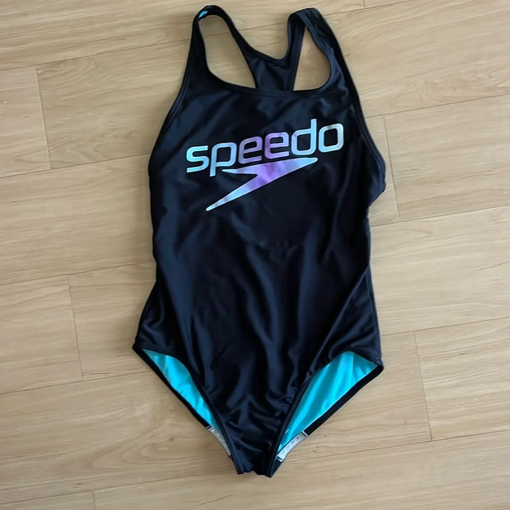 SPEEDO GIRLS PRINTED MEDALIST LOGO ONE PIECE SWIMSUIT SZ 16